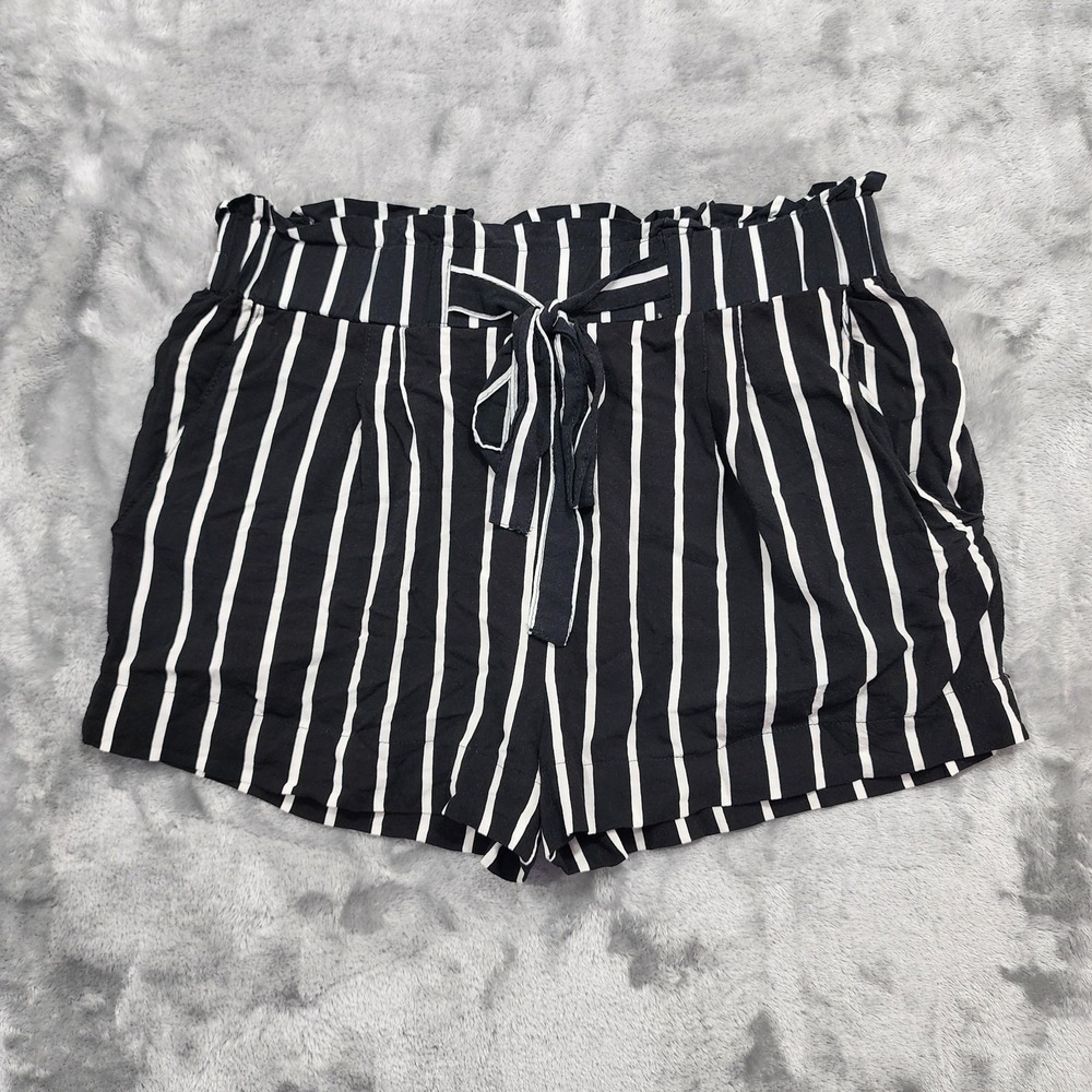 Ambiance Apparel Shorts Womens S Black White Striped Paperbag Waist Tie Casual